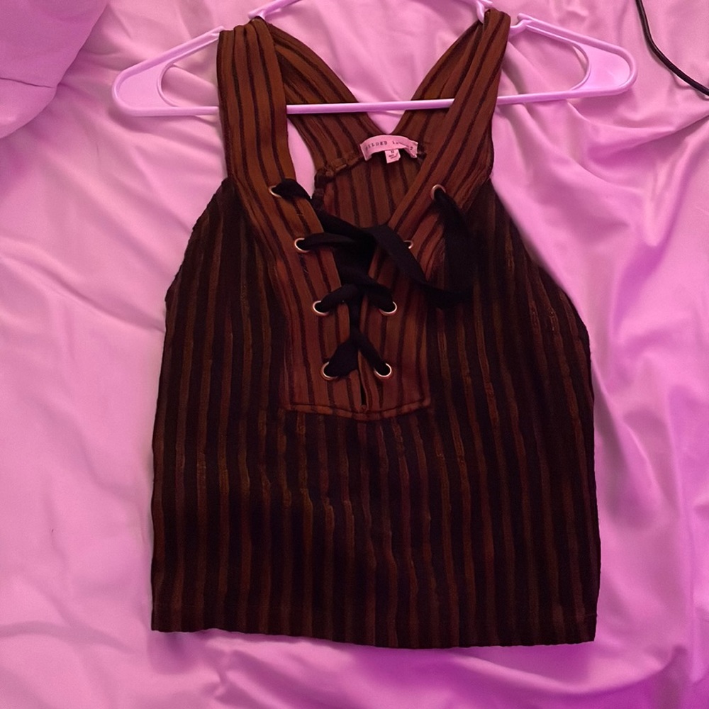 Buckle brown stripped semi crop top, lace up